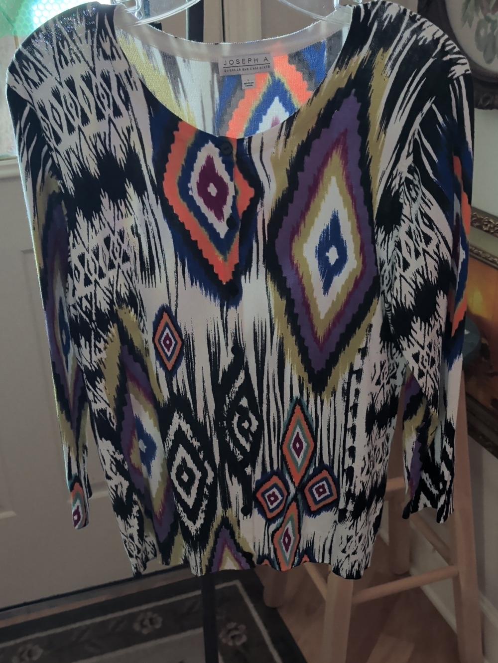 Joseph A.Multicolor Ikat-Print Long-Sleeve cardigan — Purple, Blue, Black, Cream